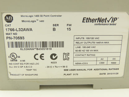 Allen Bradley 1766-L32AWA MicroLogix 1400 Controller Module 32Pt Series B FW 15