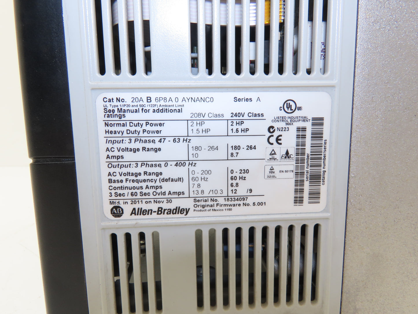 Allen Bradley 20AB6P8A0AYNANC0 PowerFlex 70 AC Drive 2Hp 240V 3PH Ser A FW 5.001
