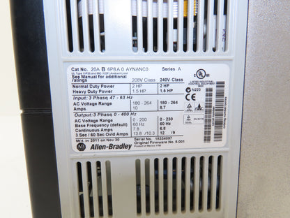 Allen Bradley 20AB6P8A0AYNANC0 PowerFlex 70 AC Drive 2Hp 240V 3PH Ser A FW 5.001