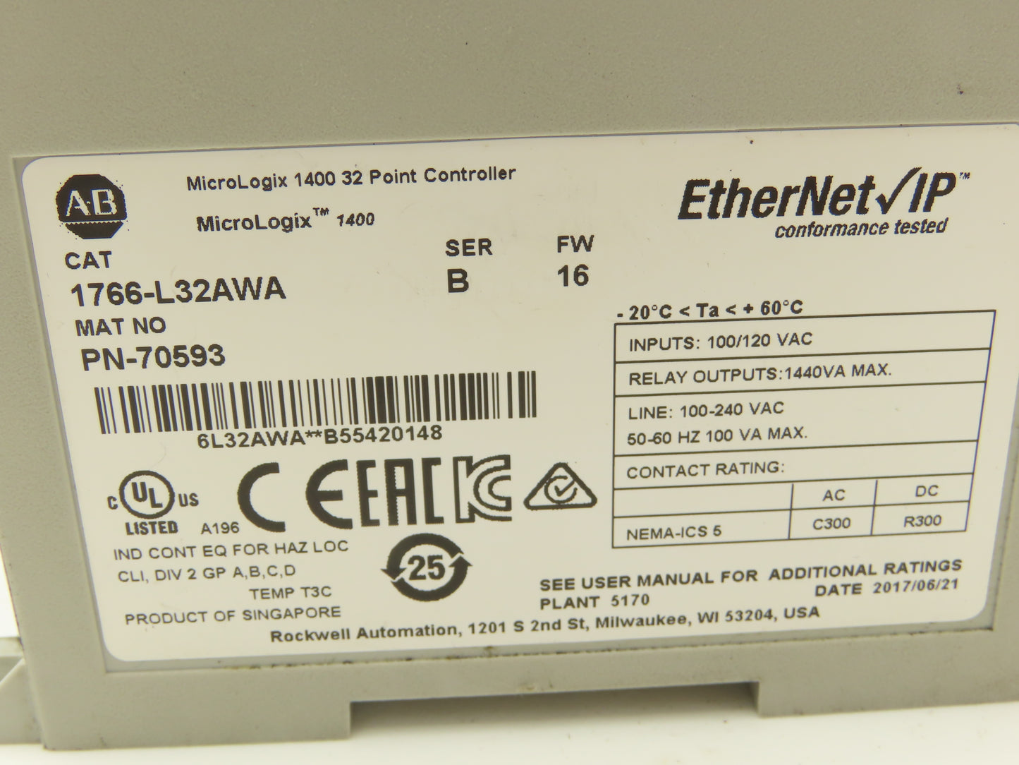 Allen Bradley 1766-L32AWA MicroLogix 1400 Controller Module 32Pt Series B FW 16