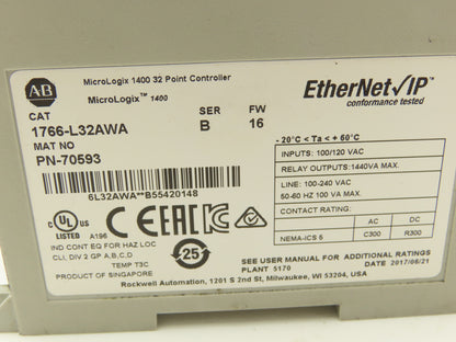 Allen Bradley 1766-L32AWA MicroLogix 1400 Controller Module 32Pt Series B FW 16
