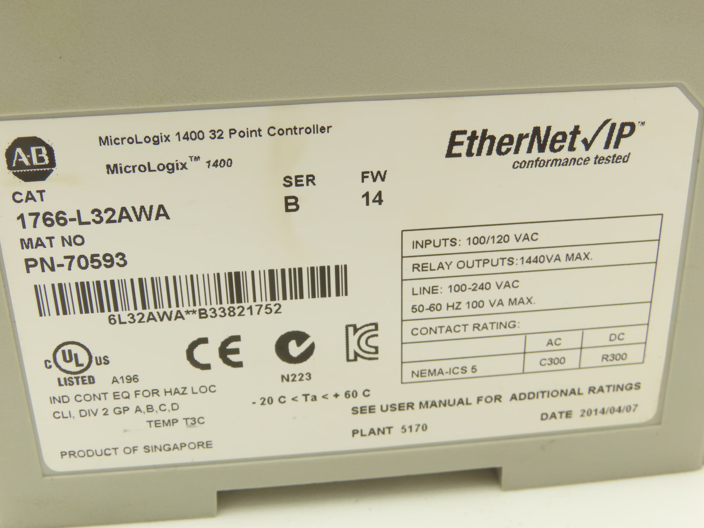 Allen Bradley 1766-L32AWA MicroLogix 1400 Controller Module 32Pt Series B FW 14