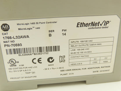 Allen Bradley 1766-L32AWA MicroLogix 1400 Controller Module 32Pt Series B FW 14