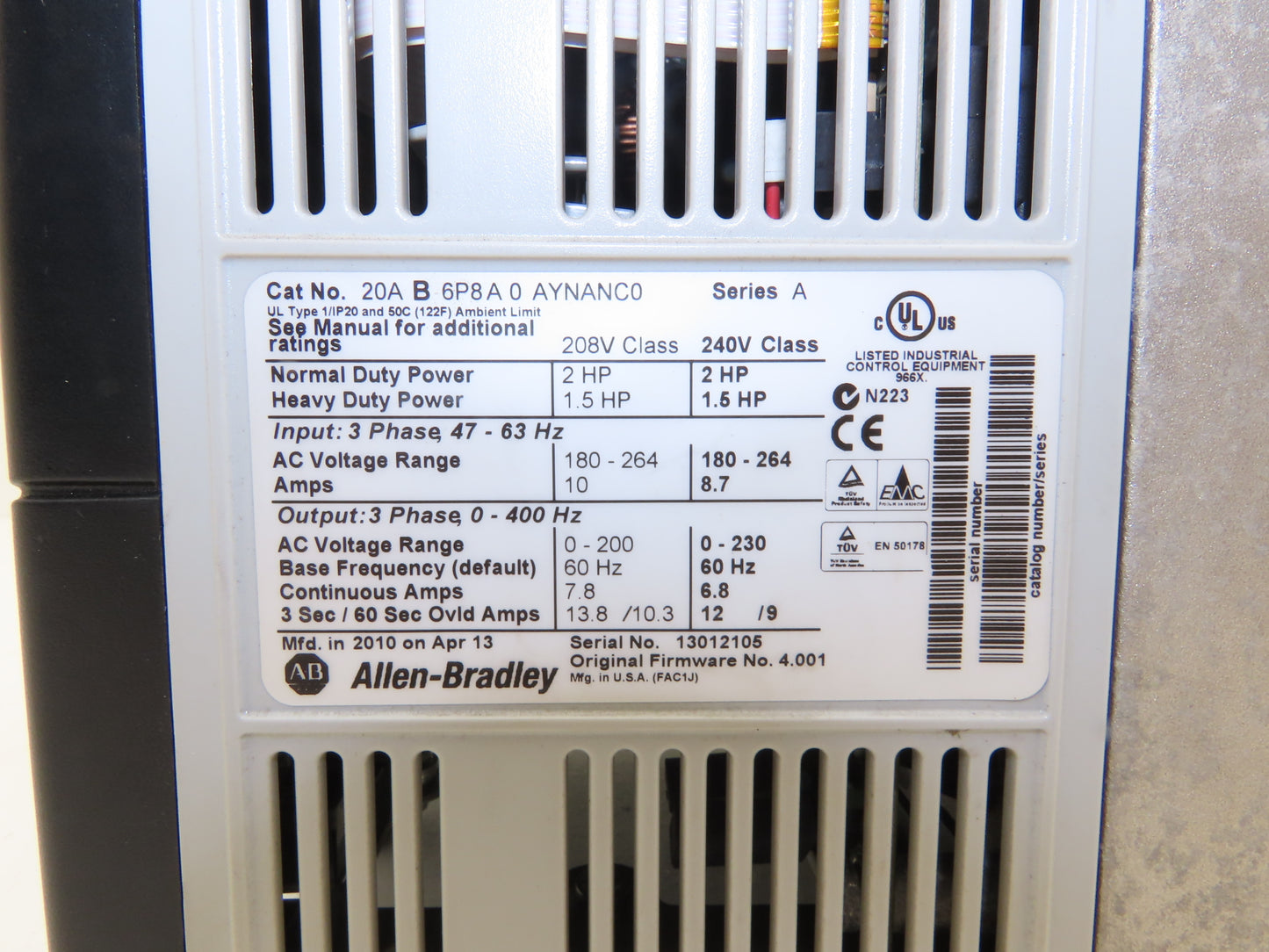 Allen Bradley 20AB6P8A0AYNANC0 PowerFlex 70 AC Drive 2Hp 240V 3PH Ser A FW 4.001