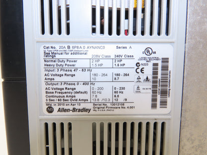 Allen Bradley 20AB6P8A0AYNANC0 PowerFlex 70 AC Drive 2Hp 240V 3PH Ser A FW 4.001