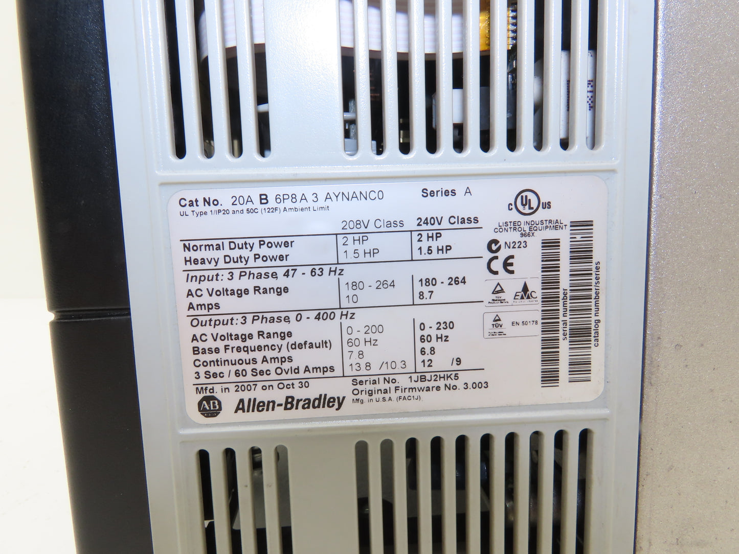 Allen Bradley 20AB6P8A3AYNANC0 PowerFlex 70 AC Drive 2Hp 240V 3PH Ser A FW 3.003