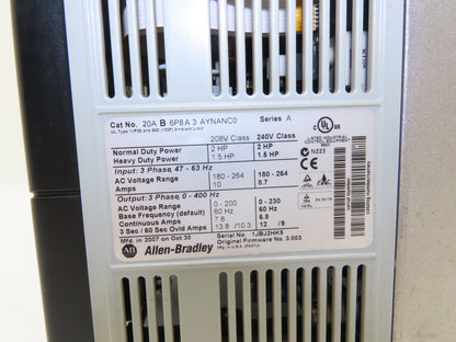 Allen Bradley 20AB6P8A3AYNANC0 PowerFlex 70 AC Drive 2Hp 240V 3PH Ser A FW 3.003