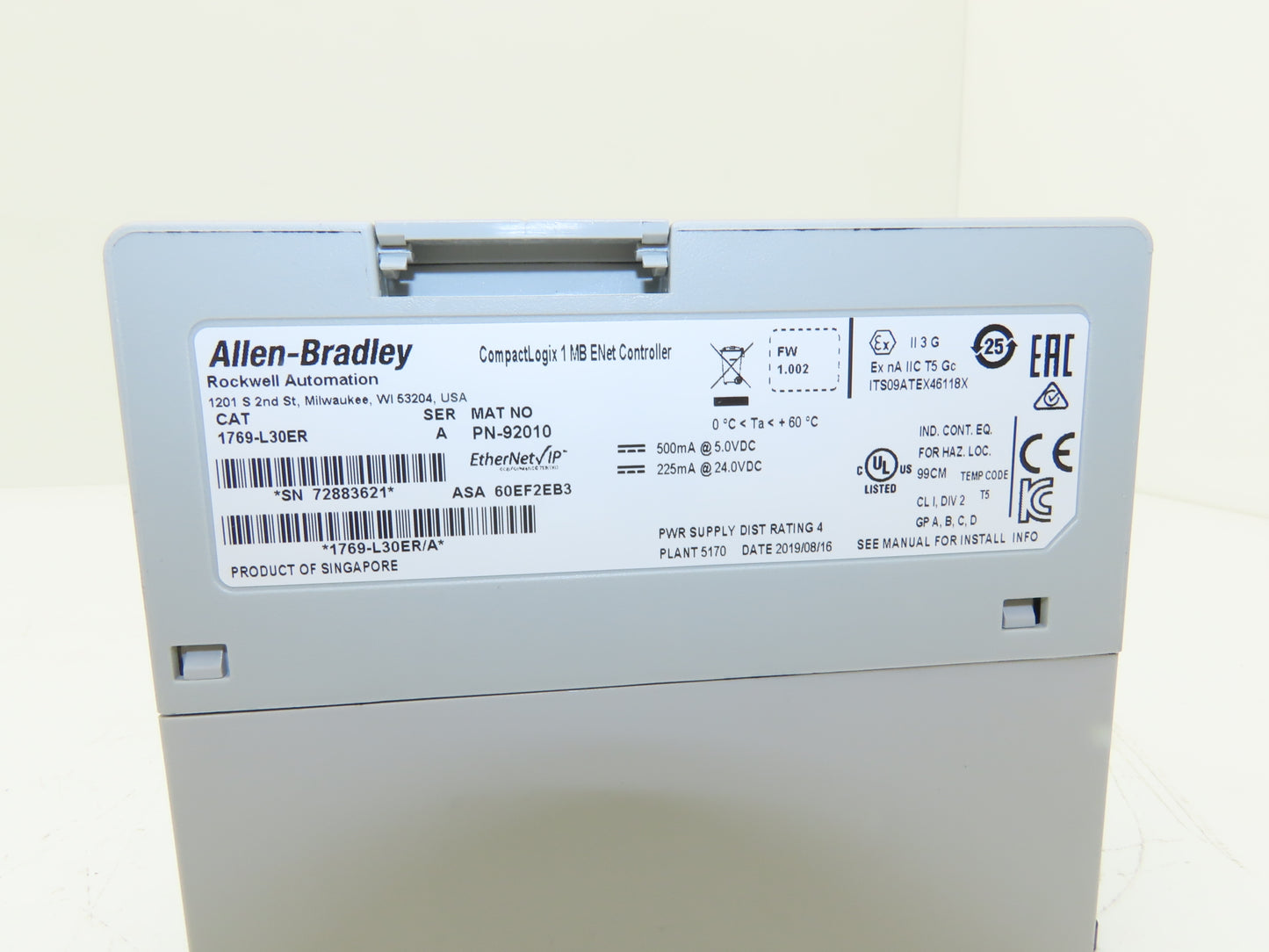 Allen Bradley 1769-L30ER CompactLogix 1MB Ethernet Controller Ser A FW 1.002