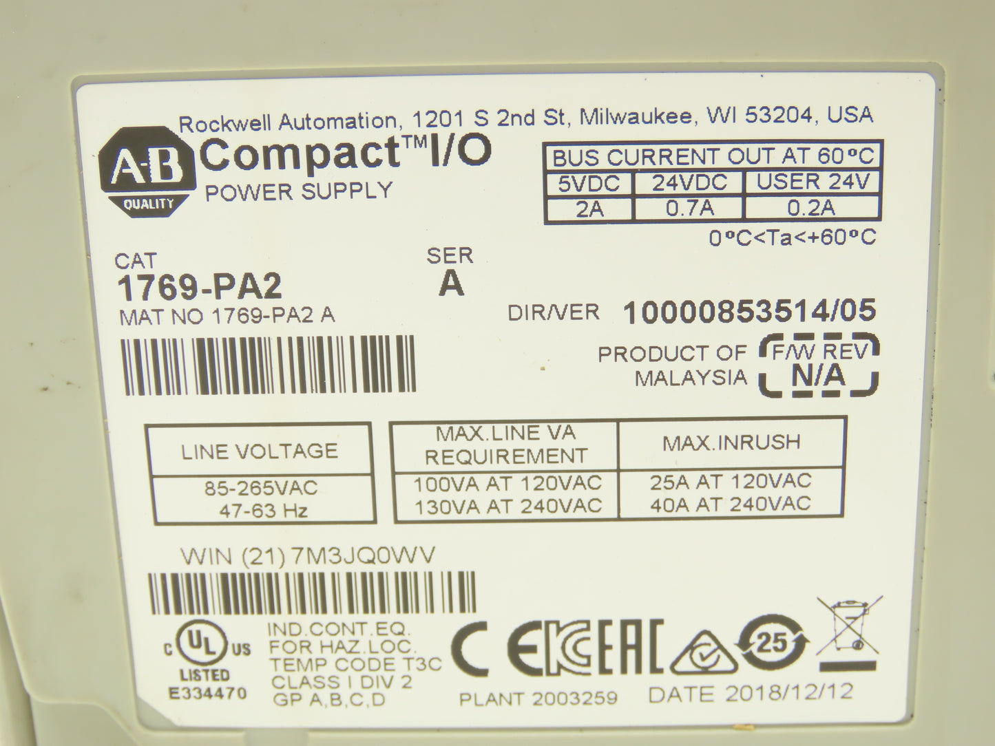 Allen Bradley 1769-PA2 Compact I/O Power Supply Series A W/Terminator End Cap