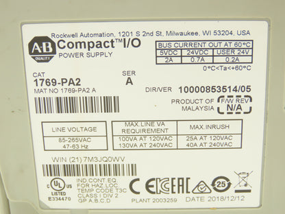 Allen Bradley 1769-PA2 Compact I/O Power Supply Series A W/Terminator End Cap