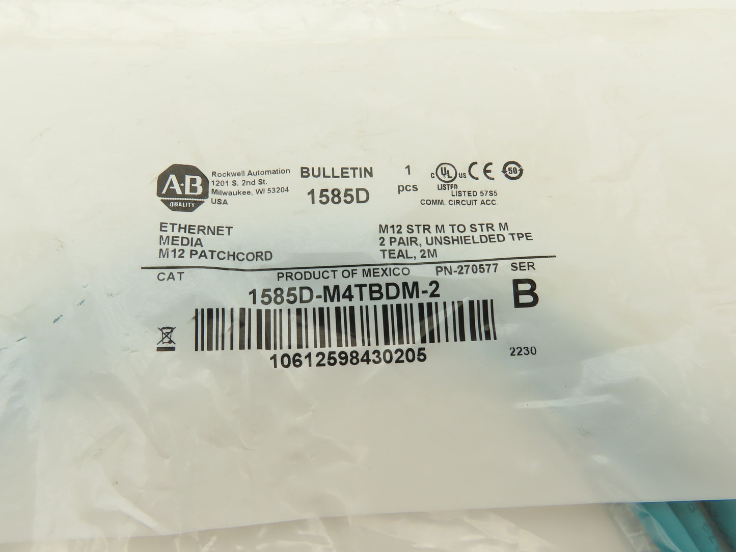 Allen Bradley 1585D-M4TBDM-2 Ethernet Media Patchcord M12 Male 2M Ser B Lot of 4