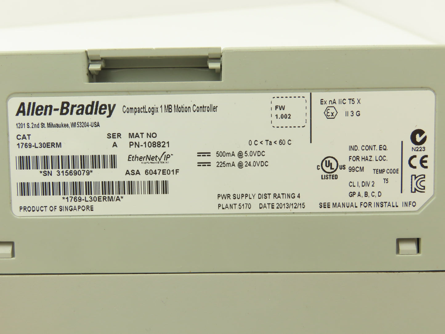 Allen Bradley 1769-L30ERM CompactLogix Motion Controller 1MB Ethernet IP Ser A
