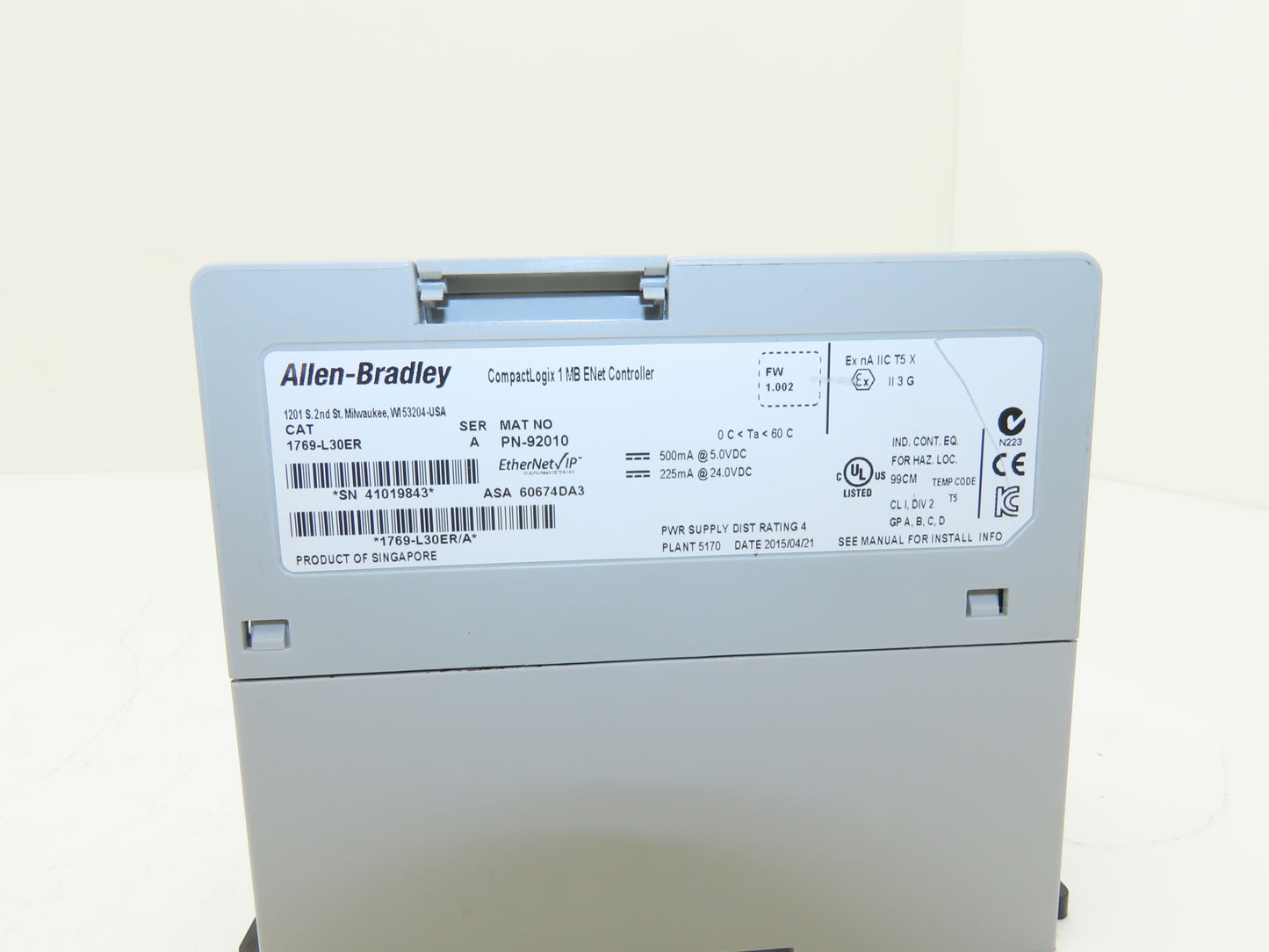 Allen Bradley 1769-L30ER CompactLogix 1MB Ethernet Controller Ser A FW 1.002