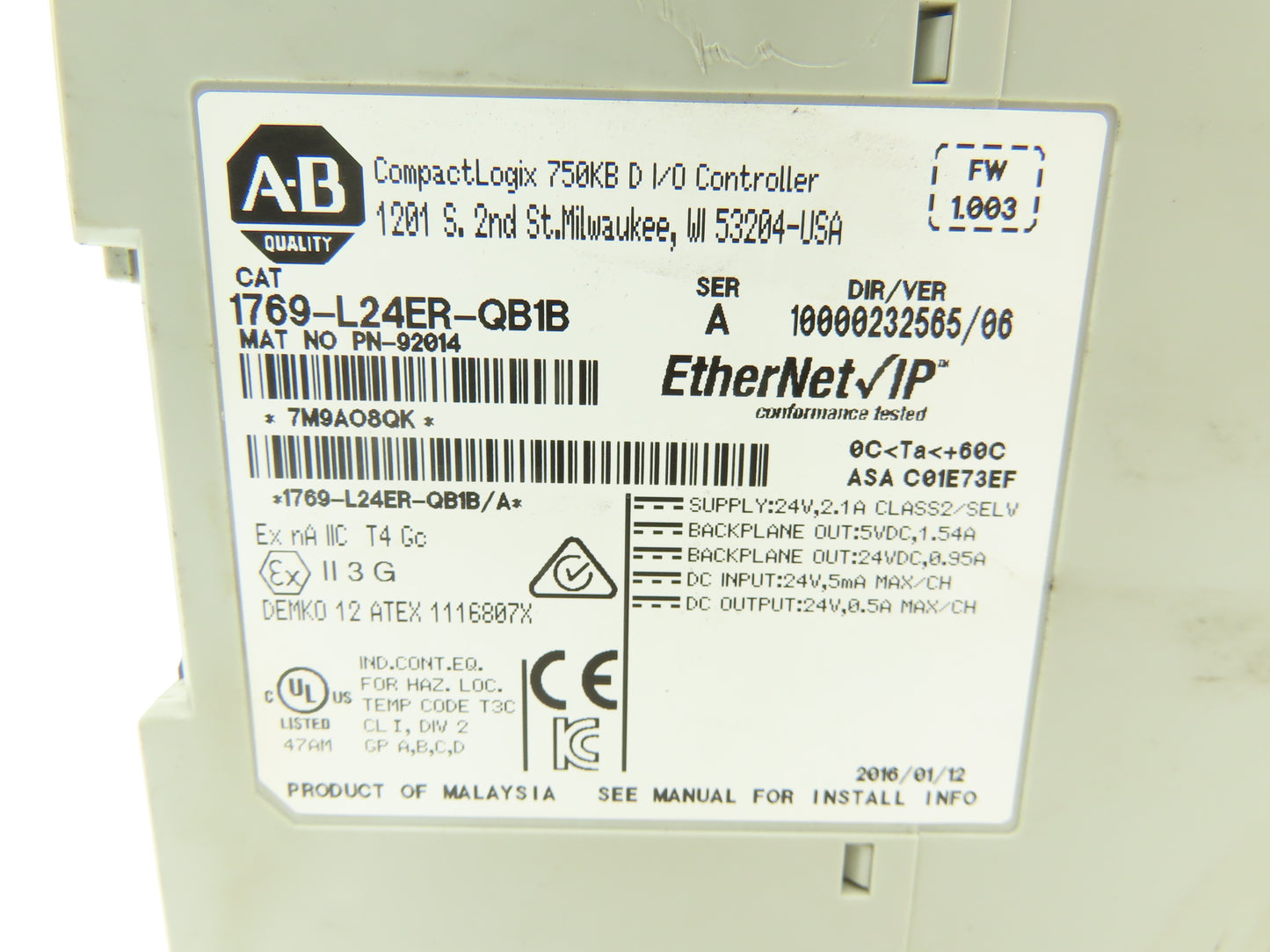 Allen Bradley 1769-L24ER-QB1B CompactLogix 750KB I/O Controller Ser A Ethernet