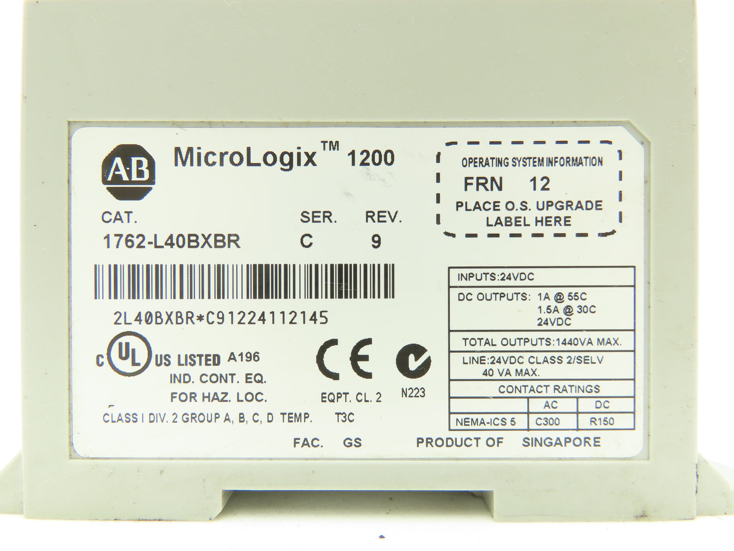 Allen Bradley 1762-L40BXBR MicroLogix 1200 PLC Input Output Module Ser C Rev 9