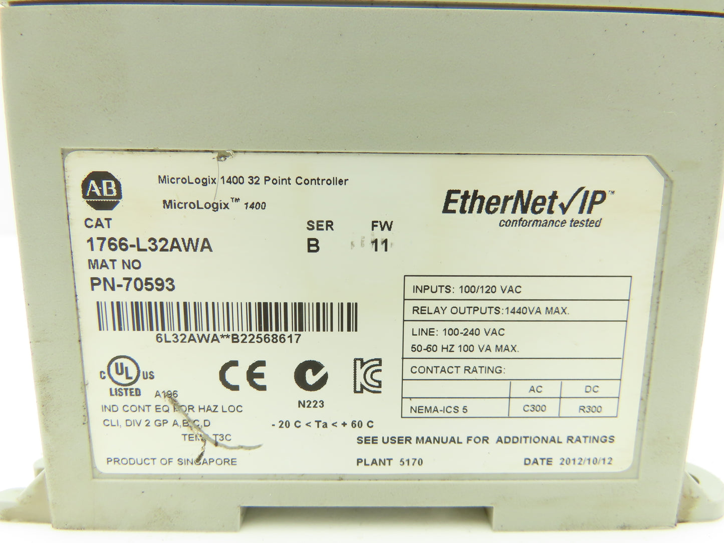 Allen Bradley 1766-L32AWA MicroLogix 1400 Controller Module 32Pt Series B FW 11