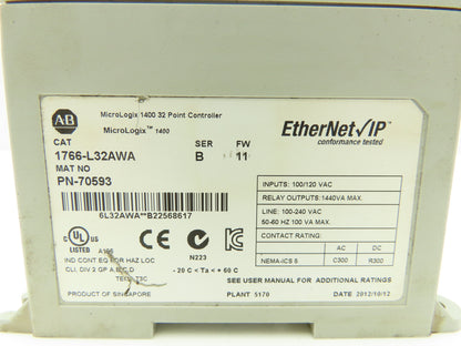Allen Bradley 1766-L32AWA MicroLogix 1400 Controller Module 32Pt Series B FW 11