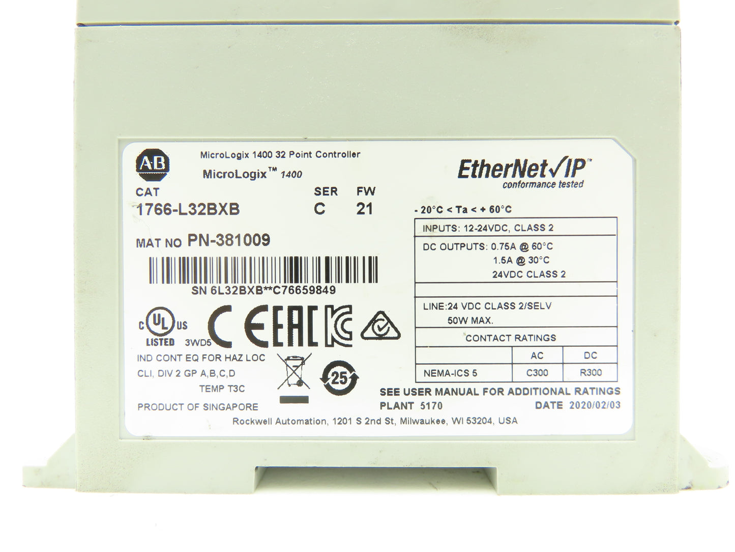Allen Bradley 1766-L32BXB MicroLogix 1400 Controller Module 32 Point Ser C FW 21