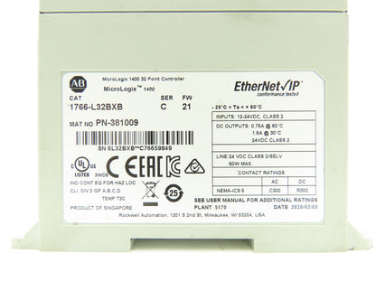 Allen Bradley 1766-L32BXB MicroLogix 1400 Controller Module 32 Point Ser C FW 21
