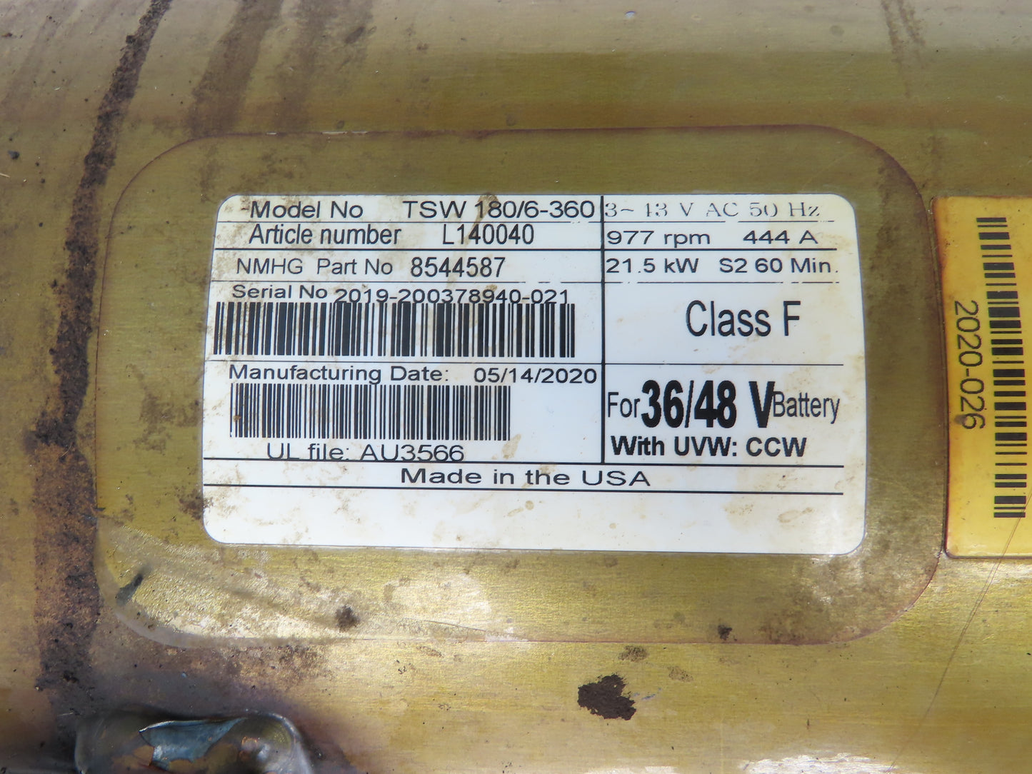 Hyster 8544587 Forklift Traction Drive Motor 48V 21.5kW Off E80XN TSW 180/6-360