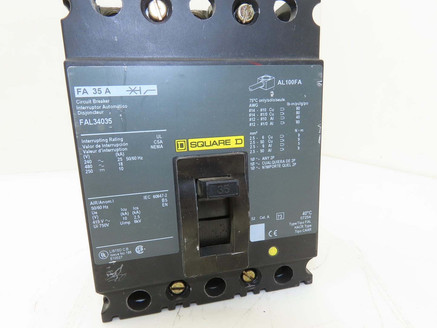 Square D FAL34035 3 Pole Circuit Breaker 35A 600V 3PH Gray Face Molded Case