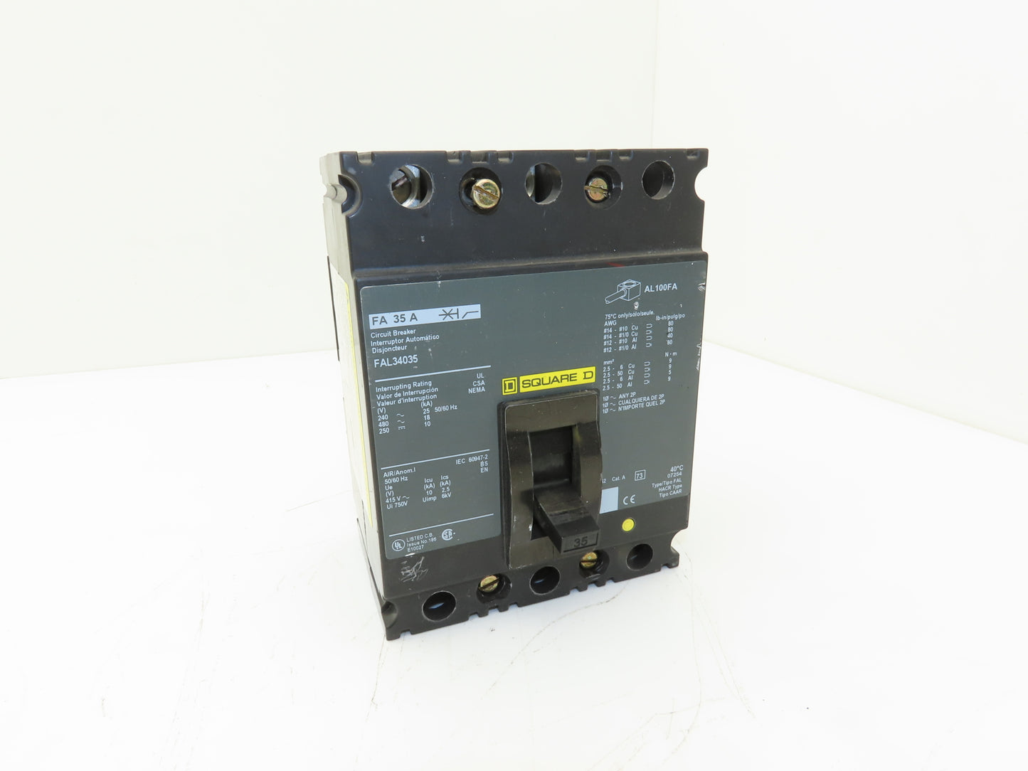 Square D FAL34035 3 Pole Circuit Breaker 35A 600V 3PH Gray Face Molded Case