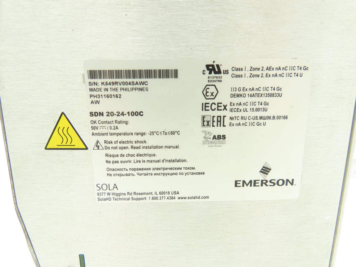 Sola Emerson SDN 20-24-100C PLC Power Supply 24V 20A 100-240V
