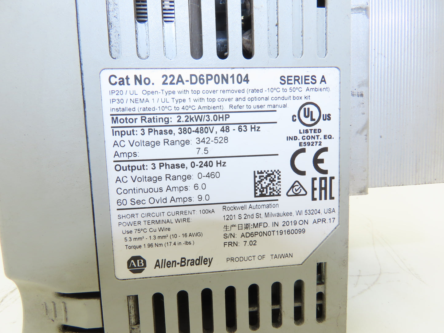 Allen Bradley 22A-D6P0N104 PowerFlex 4 Variable Speed VFD 3Hp 480V 3PH *Read*