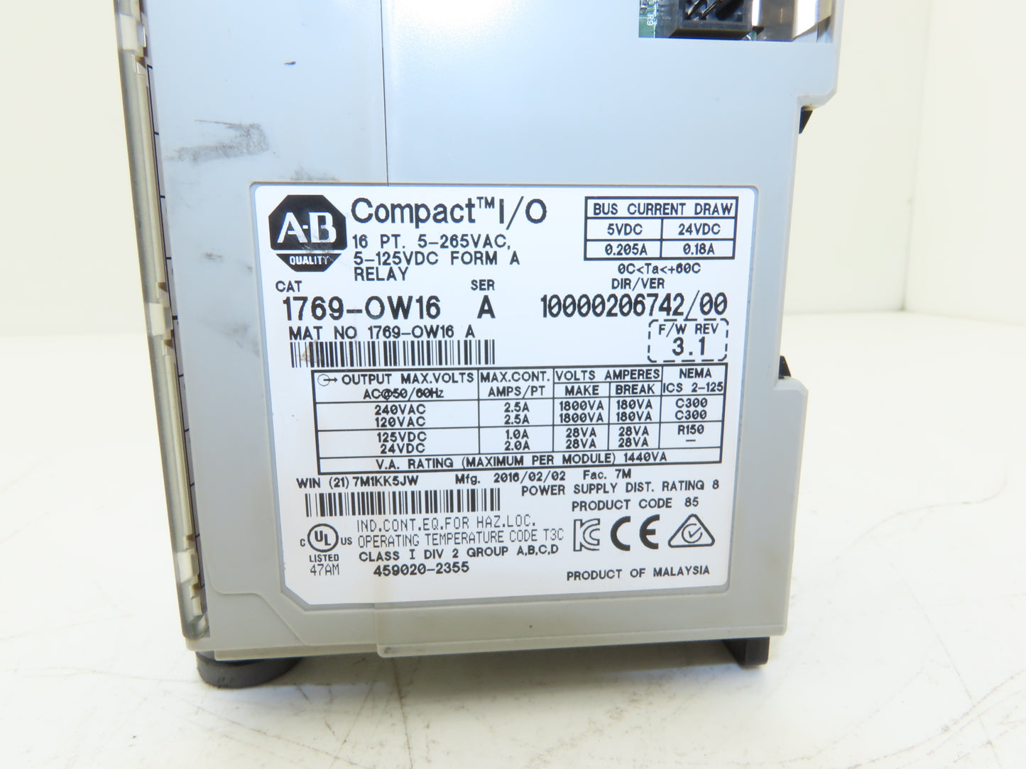 Allen Bradley 1769-OW16 Compact 16-Point Relay Output Module Series A F/W 3.1
