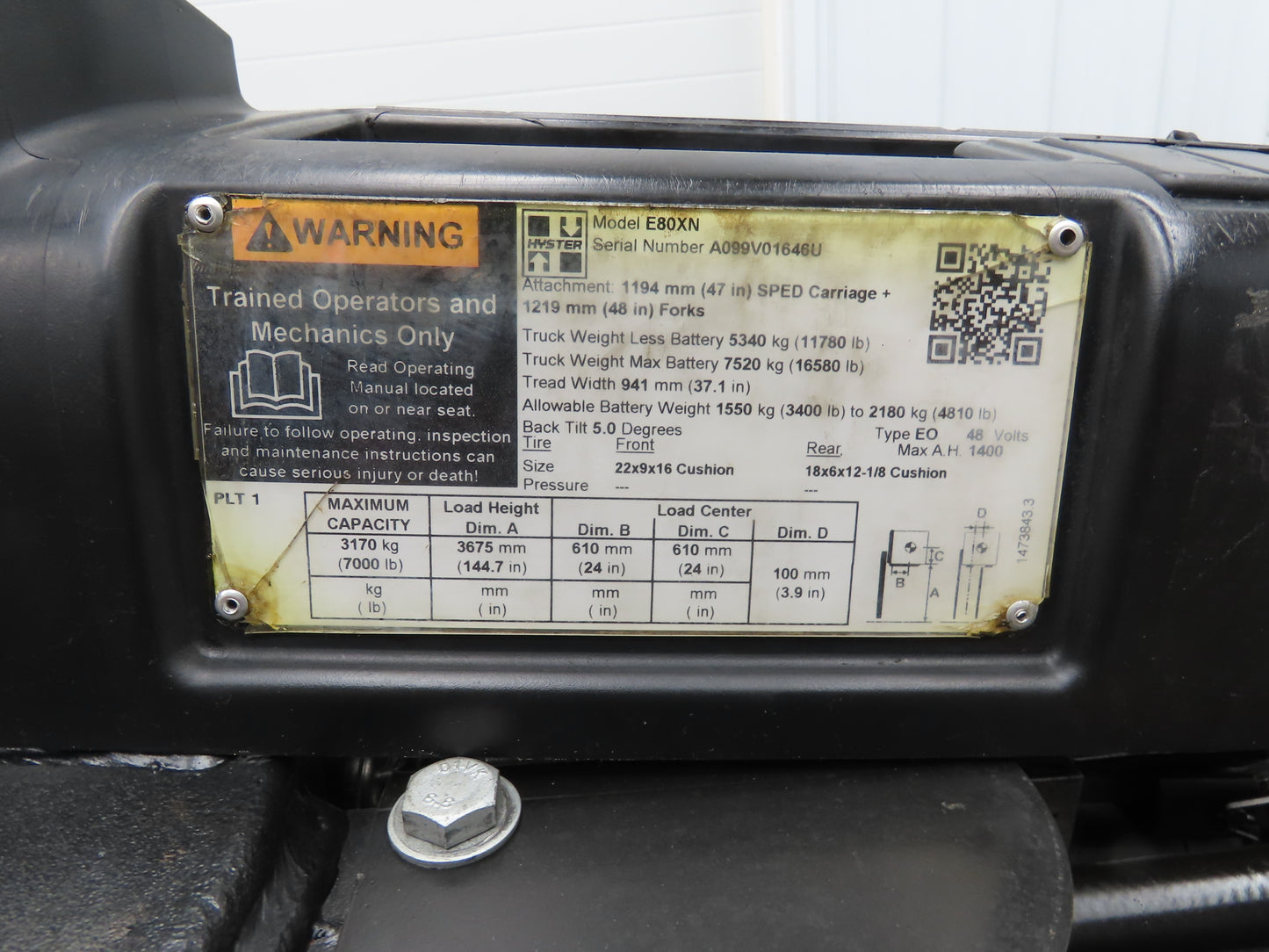 Hyster E80XN Forklift Mast Class IV 2 Stage 4 Lever 144.7" Lift 7000lb READ