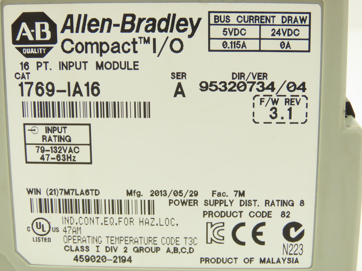 Allen Bradley 1769-IA16 Compact Logix I/O Input Module 16Pt 115VAC Ser A