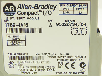 Allen Bradley 1769-IA16 Compact Logix I/O Input Module 16Pt 115VAC Ser A