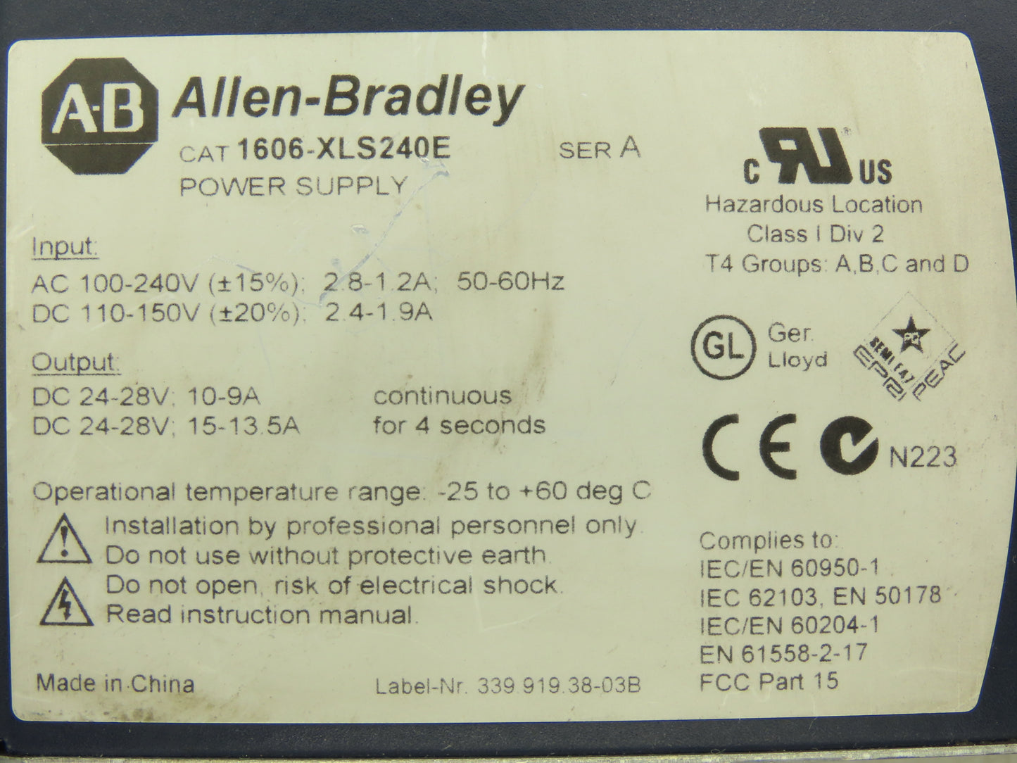 Allen Bradley 1606-XLS240E PLC Power Supply 24VDC 10A 240W 120-240V 1PH Input