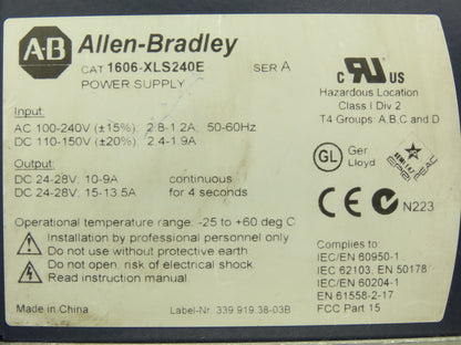 Allen Bradley 1606-XLS240E PLC Power Supply 24VDC 10A 240W 120-240V 1PH Input