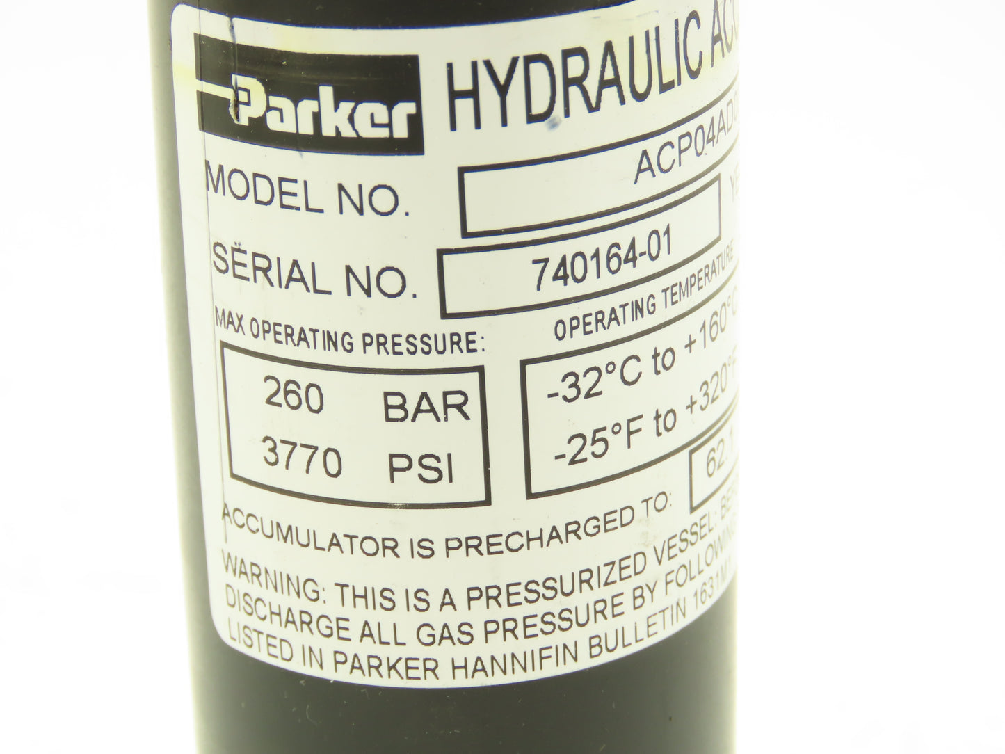 Parker ACP04AD008R57H Forklift Hydraulic Accumulator 900 PSI Off Hyster E80XN