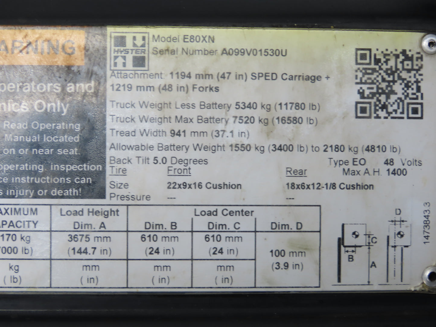 Parker ACP04AD008R57H Forklift Hydraulic Accumulator 900 PSI Off Hyster E80XN