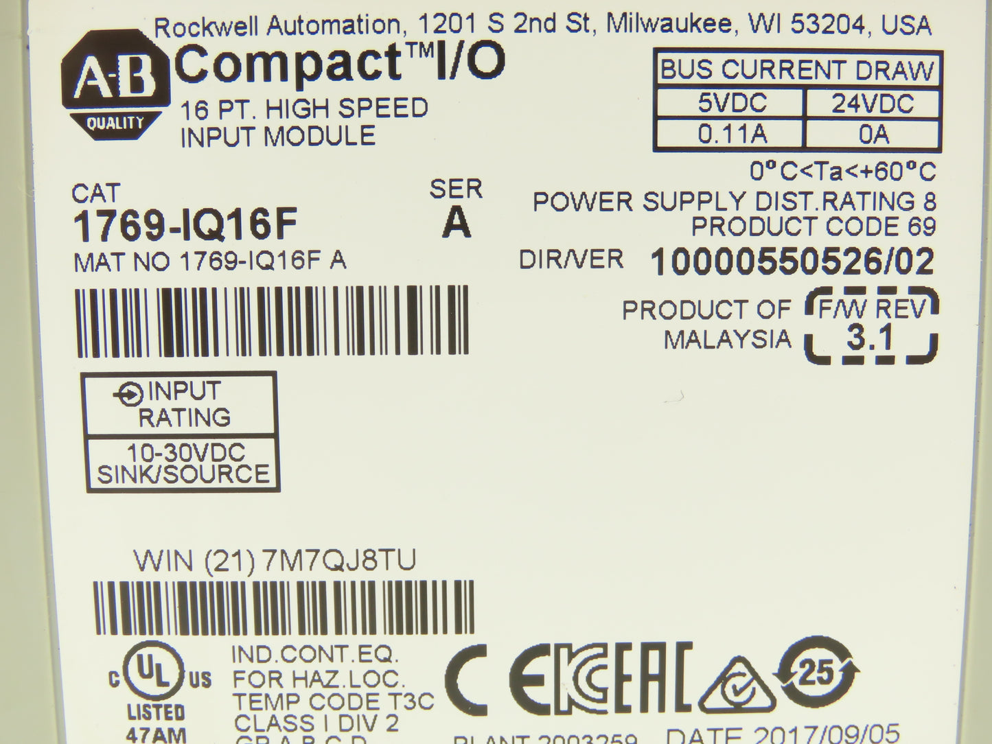 Allen Bradley 1769-IQ16F MicroLogix Compact I/O High Speed Input Module 16 Pt