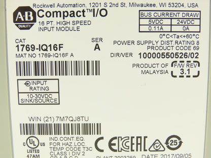 Allen Bradley 1769-IQ16F MicroLogix Compact I/O High Speed Input Module 16 Pt