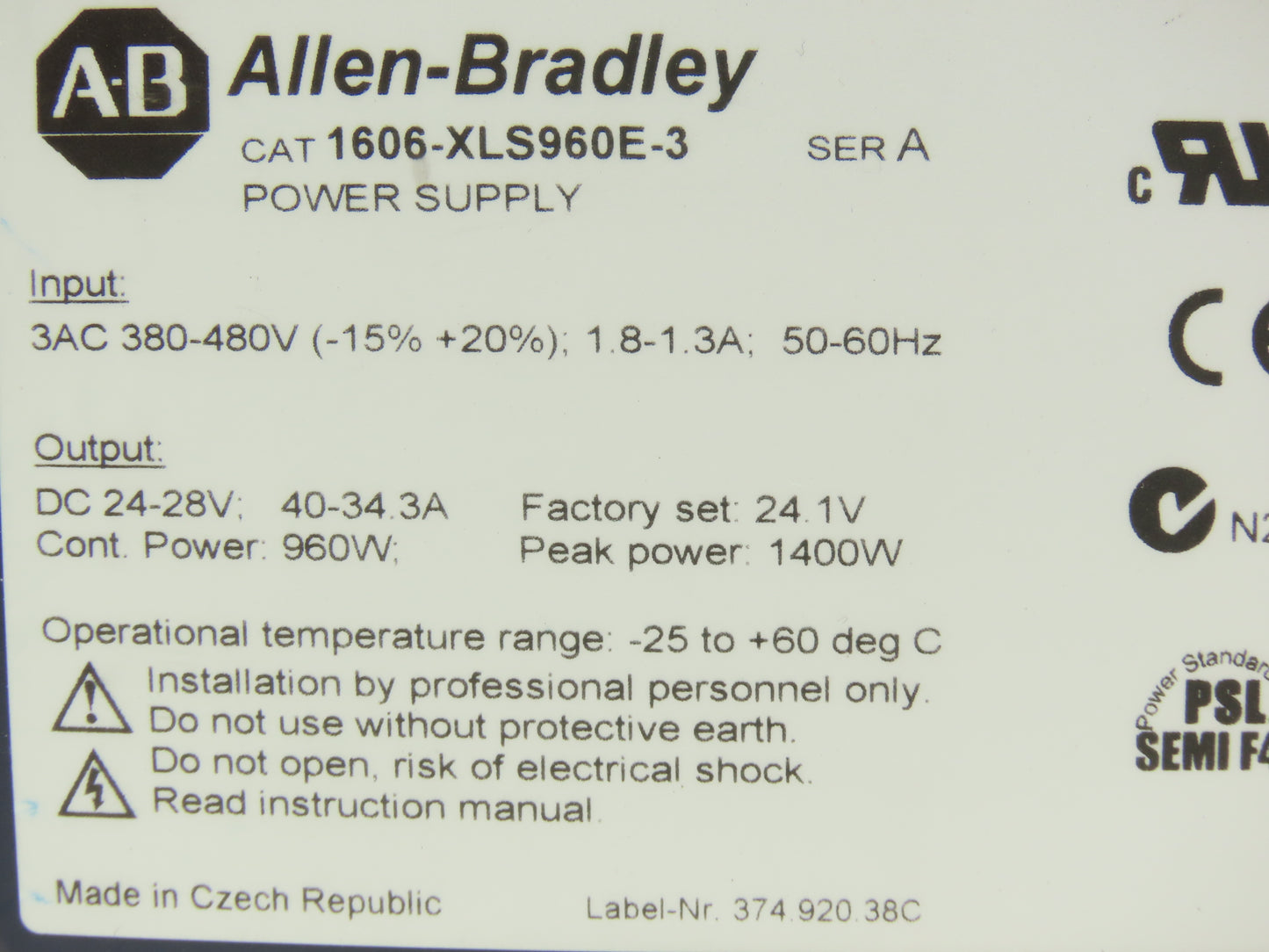 Allen Bradley 1606-XLS960E-3 PLC Power Supply 24VDC 40A 960W 380-480V 3PH Input