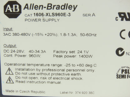 Allen Bradley 1606-XLS960E-3 PLC Power Supply 24VDC 40A 960W 380-480V 3PH Input