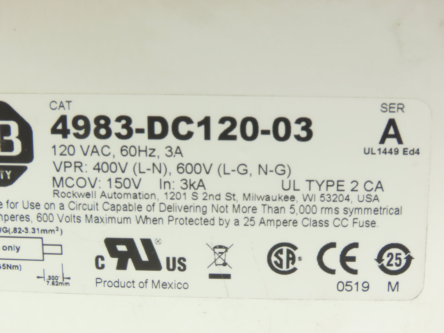 Allen Bradley 4983-DC120-03 Surge Protector Islatrol Filter 120V 3A DIN Mount
