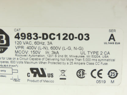Allen Bradley 4983-DC120-03 Surge Protector Islatrol Filter 120V 3A DIN Mount