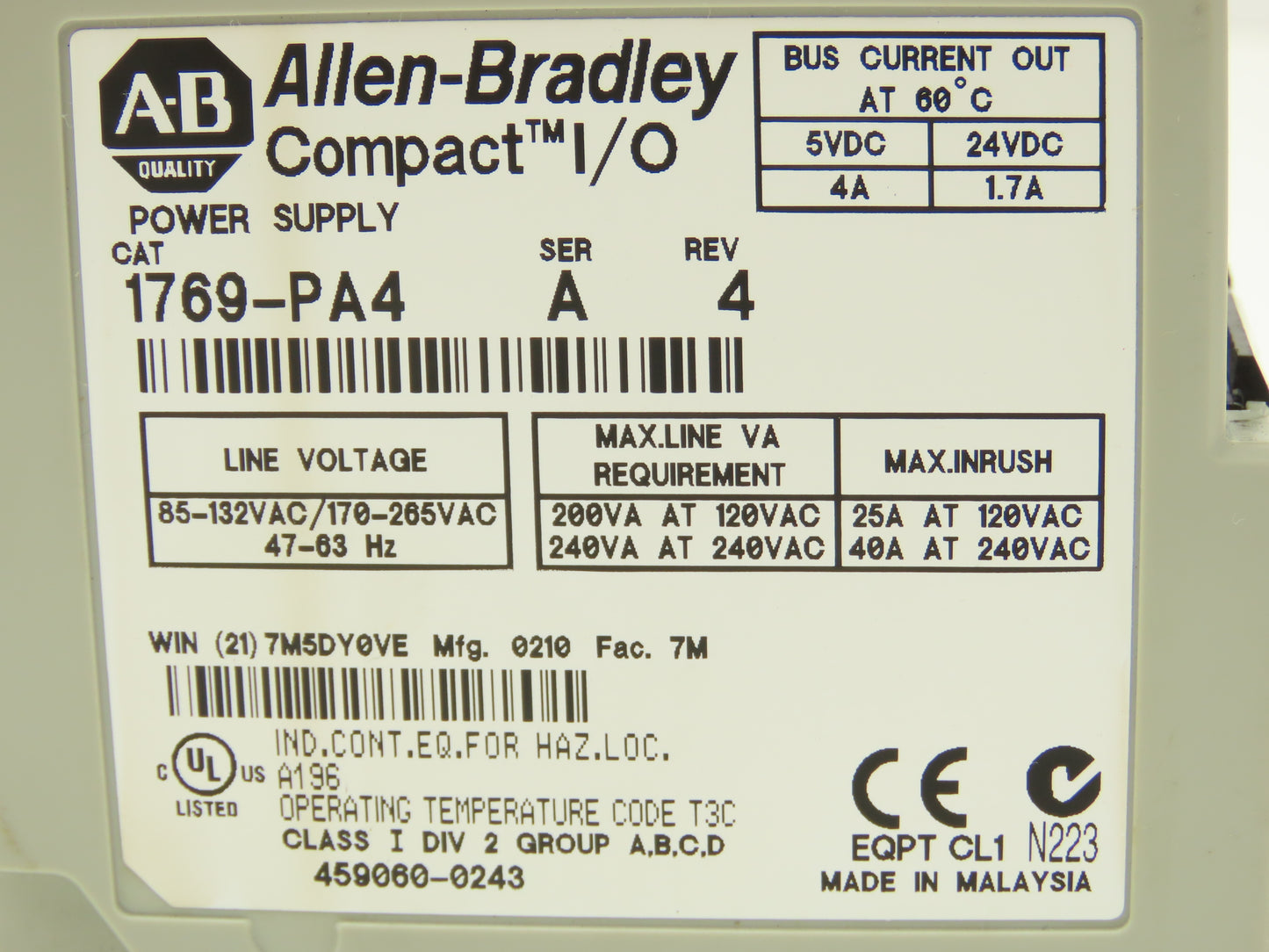 Allen Bradley 1769-PA4 Compact I/O Power Supply Module Series A Rev 4