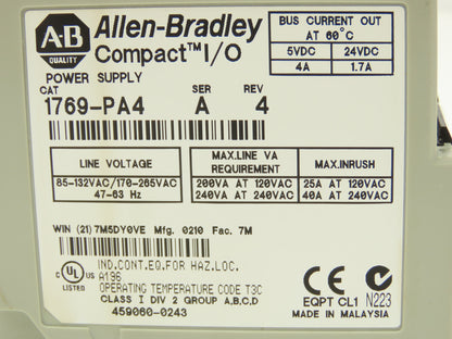 Allen Bradley 1769-PA4 Compact I/O Power Supply Module Series A Rev 4