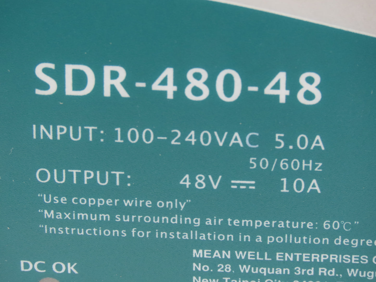 Mean Well SDR-480-48 PLC DIN Rail Power Supply 48VDC 10A 100-240V