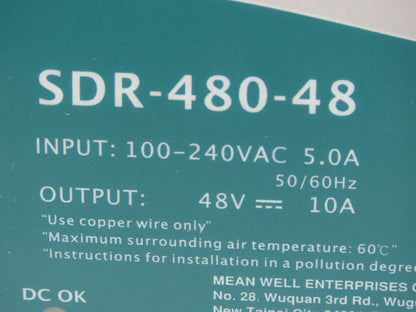 Mean Well SDR-480-48 PLC DIN Rail Power Supply 48VDC 10A 100-240V