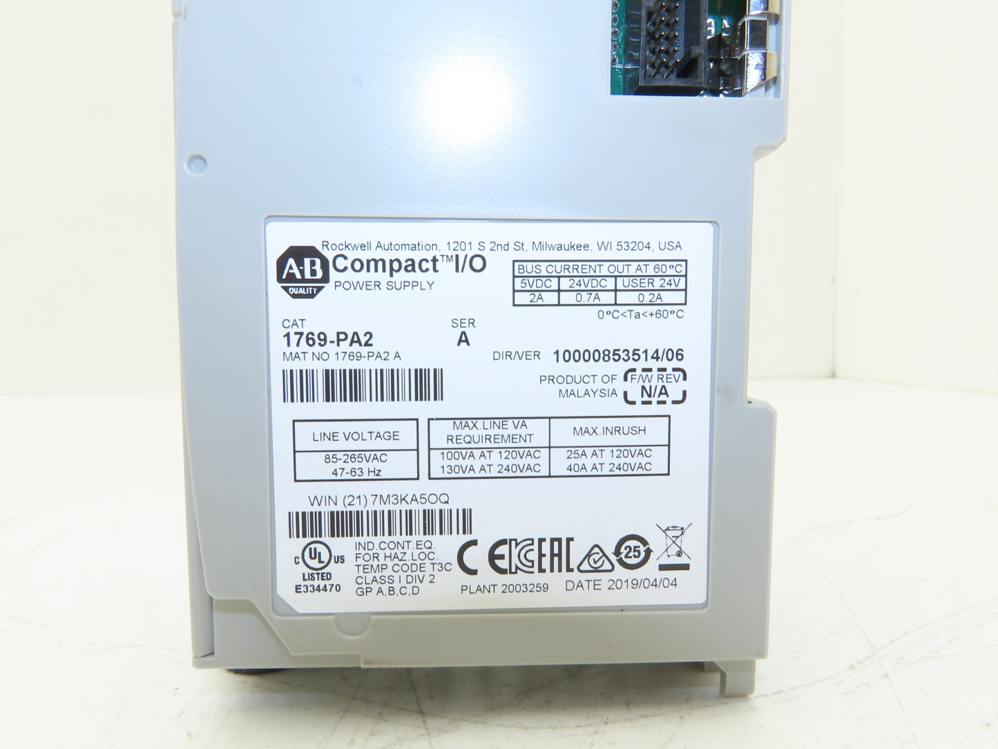 Allen Bradley 1769-PA2 Compact I/O Power Supply Series A W/Terminator End Cap