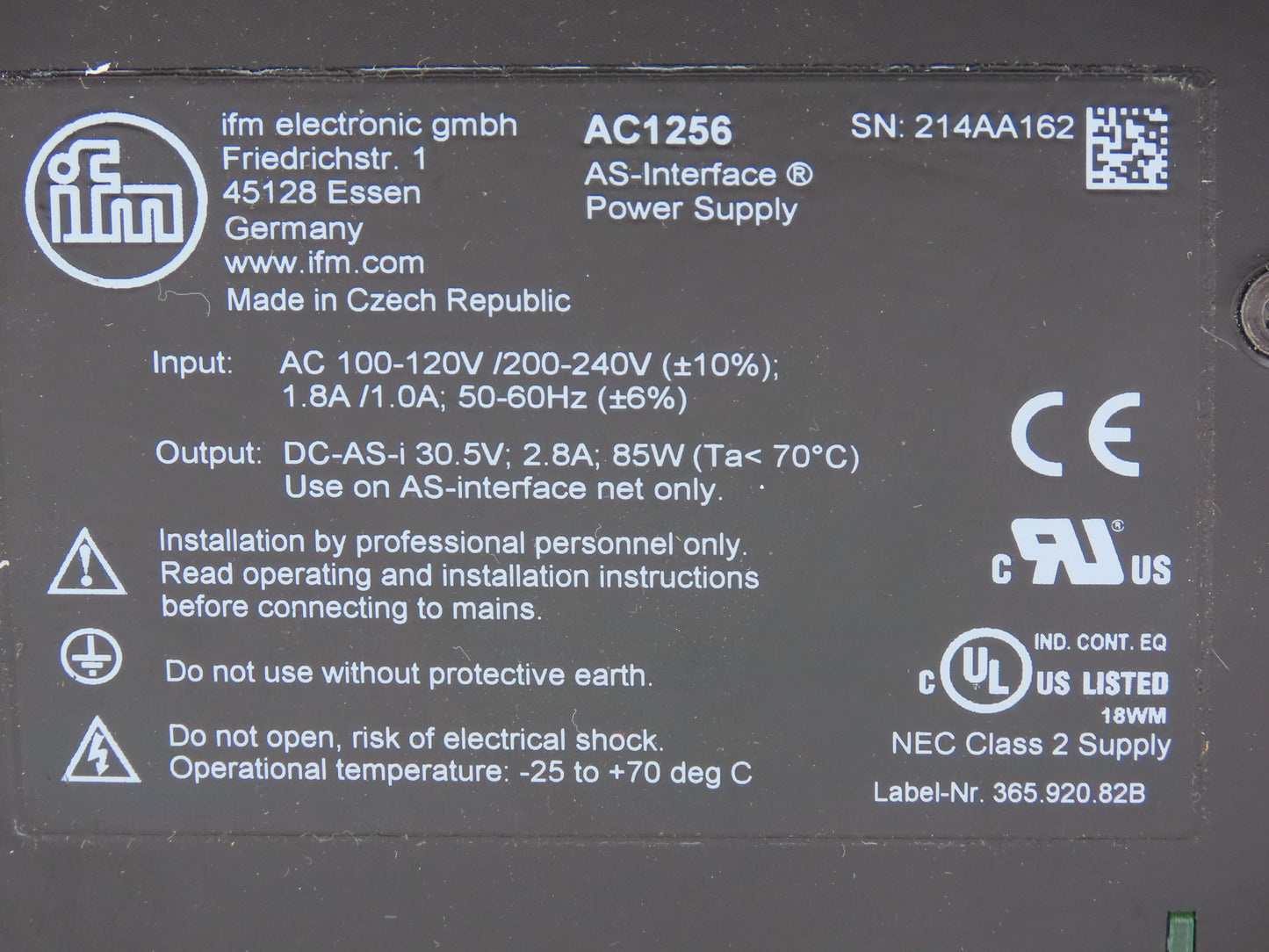 IFM AC1256 AS-Interface Power Supply PSU 30.5VDC 2.8A 85W 100-240V