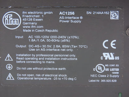 IFM AC1256 AS-Interface Power Supply PSU 30.5VDC 2.8A 85W 100-240V