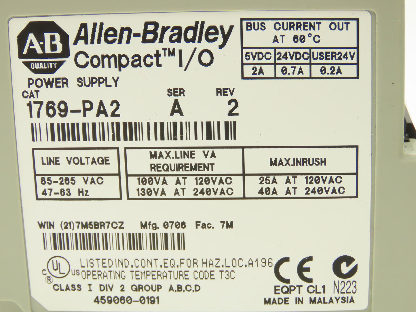 Allen Bradley 1769-PA2 Compact I/O Power Supply Series A Rev 2 with End Cap
